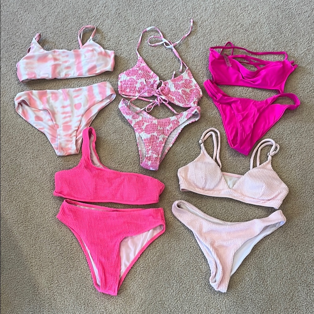 5 SHEIN Women's Pink and White Bikini bundle Set Collection